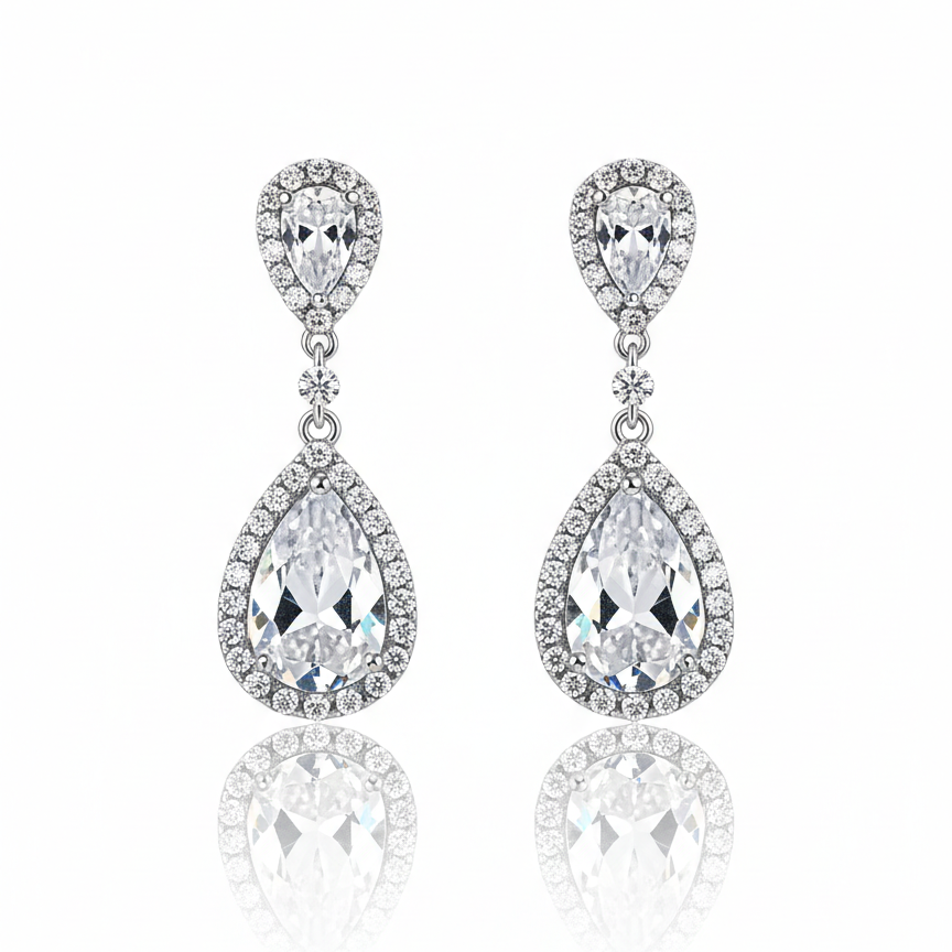 Brinco Dual Gota Cristal Folheado a Prata Design Refinado