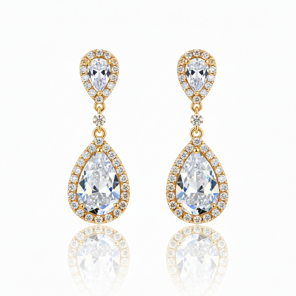 Brinco Dual Gota Cristal Dourado Folheado Ouro 18k
