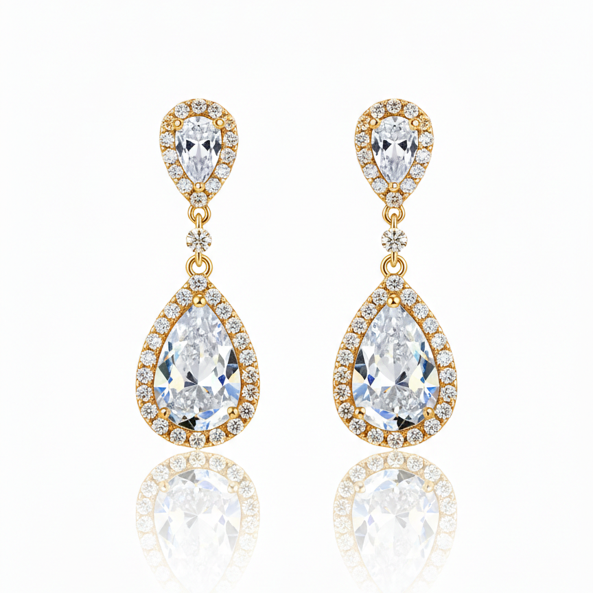 Brinco Dual Gota Cristal Dourado Folheado Ouro 18k