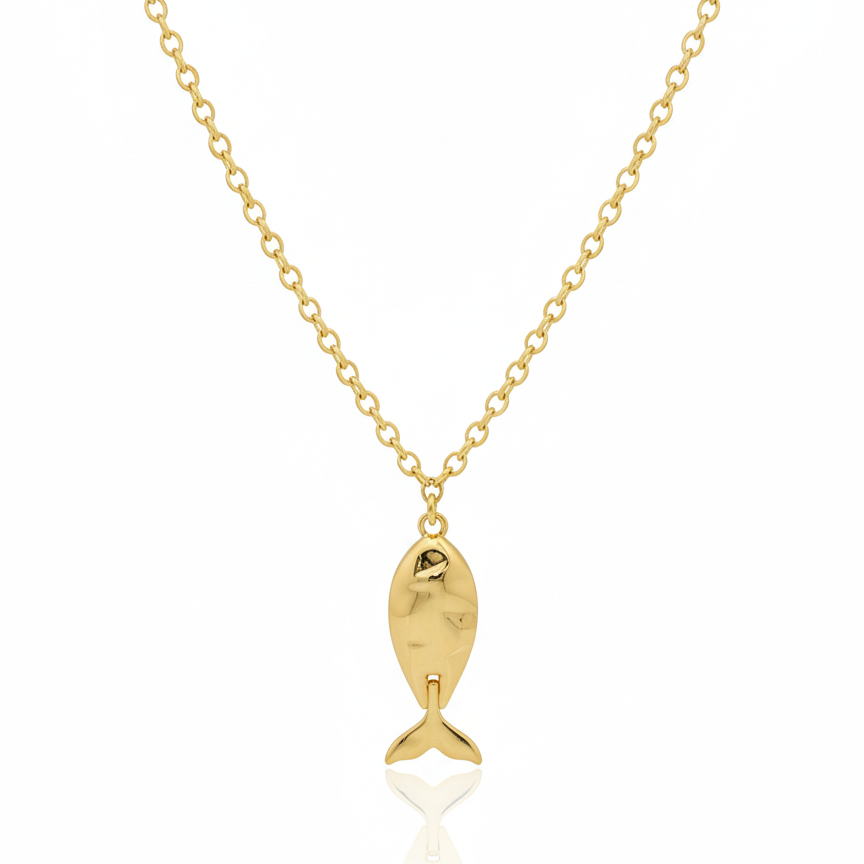 Colar Peixe Calda Móvel Dourado Aço Inox Antialérgico