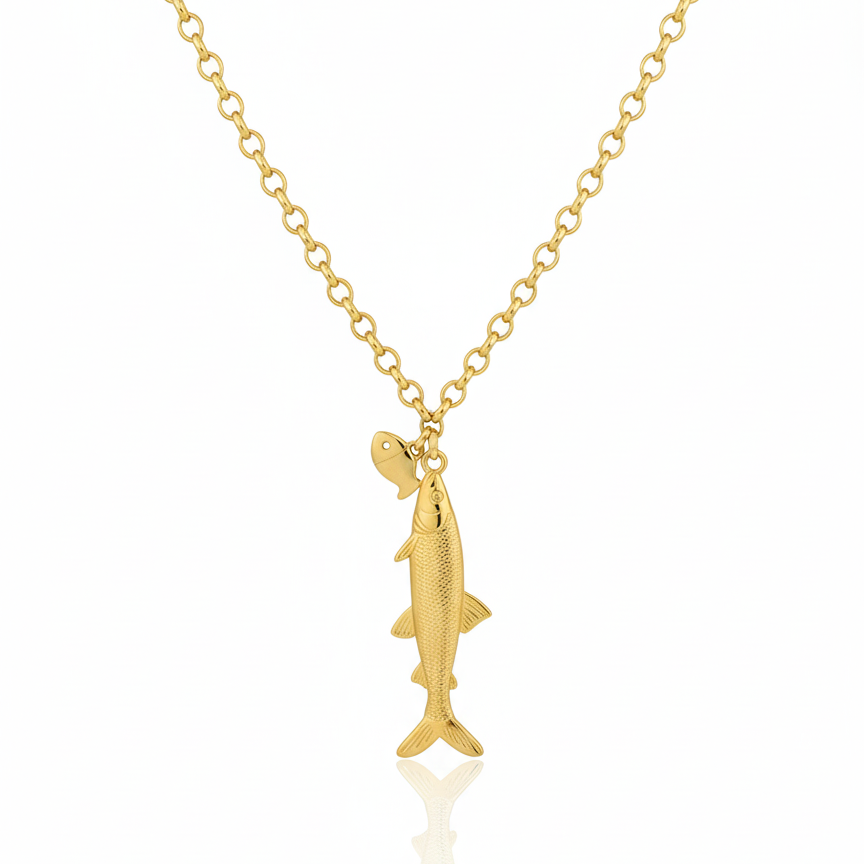 Colar Peixe e Mini Peixe Dourado Aço Inox Antialérgico