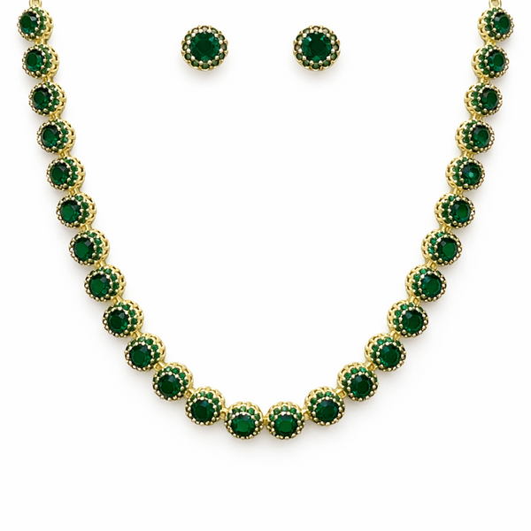 Conjunto Colar e Brinco Riviera Verde Folheado Ouro 18k