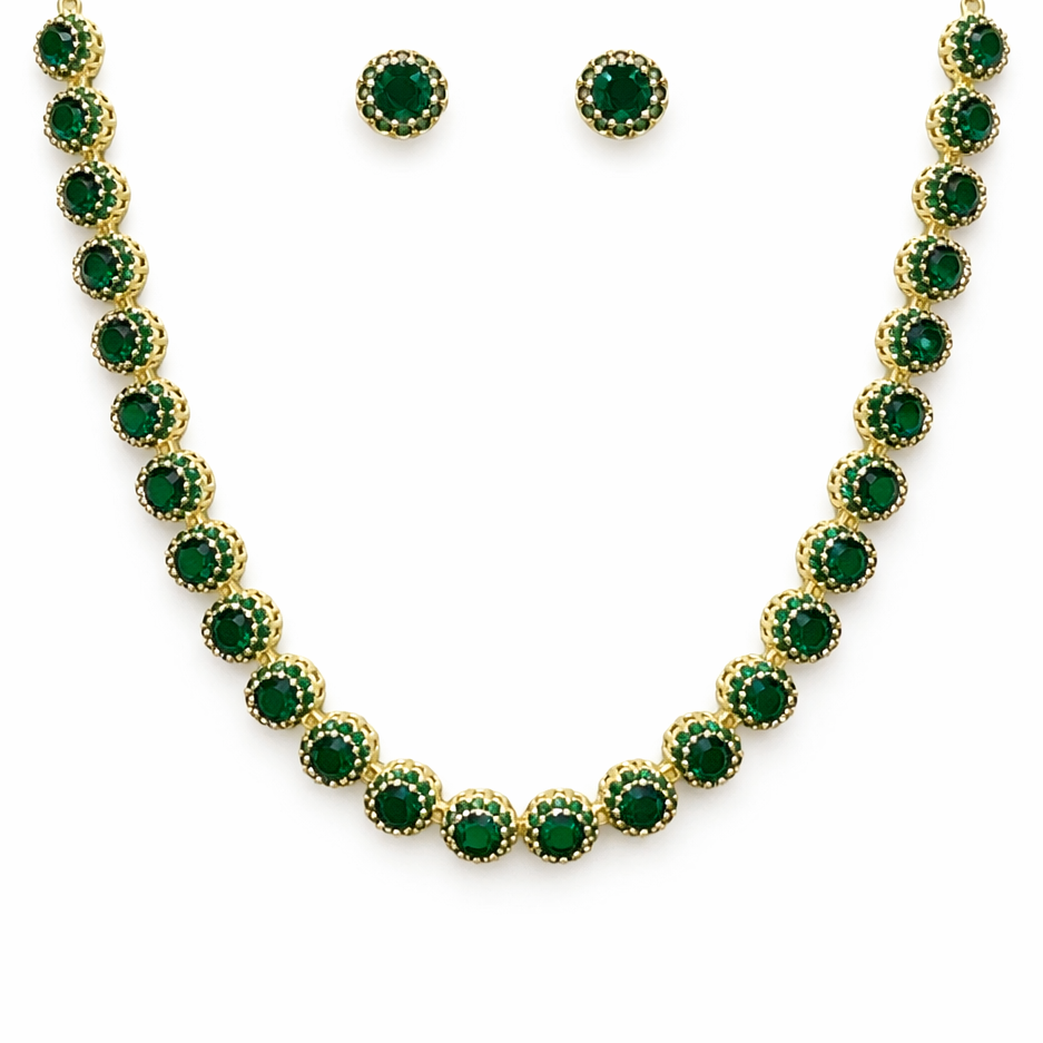Conjunto Colar e Brinco Riviera Verde Folheado Ouro 18k
