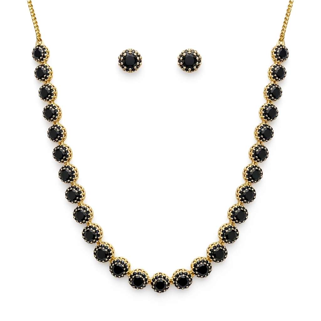 Kit Colar e Brinco Riviera Preta Folheado a Ouro 18k