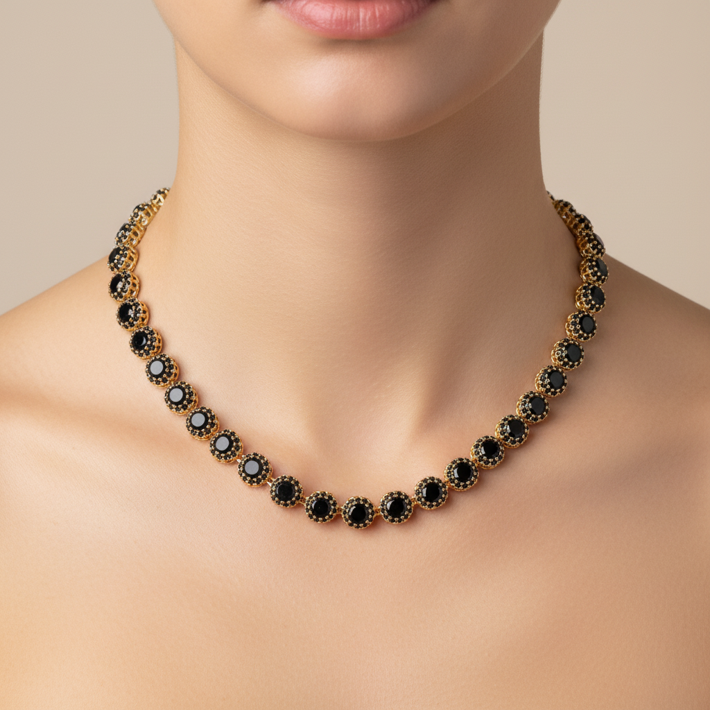 Colar Riviera Preta Folheado a Ouro 18k