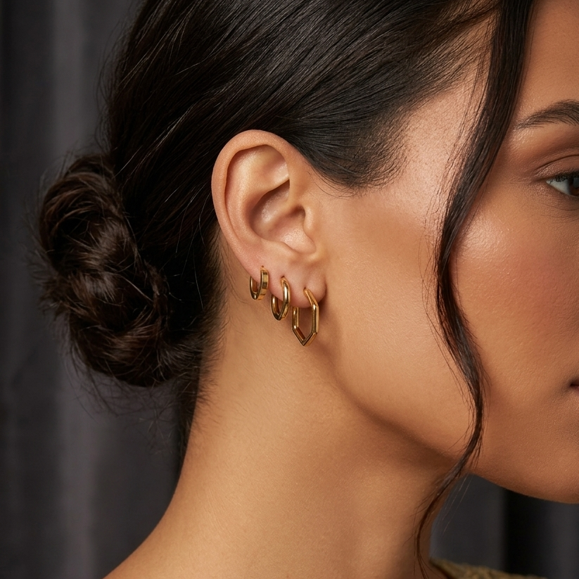 Trio de Argolas circular e hexagonal lisa dourada - aço inox