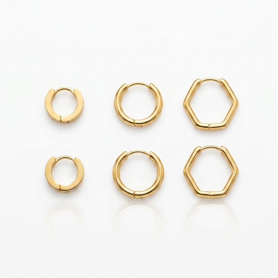 Trio de Argolas circular e hexagonal lisa dourada - aço inox