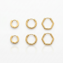 Trio Argolas Circular e Hexagonal Dourada Aço Inox