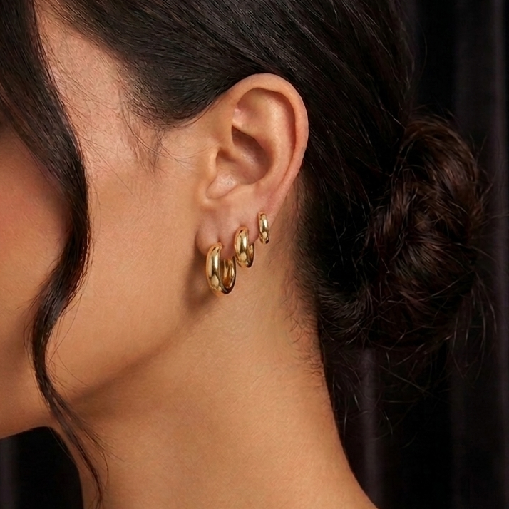 Trio de Argolas circular grossa lisa dourada - aço inox