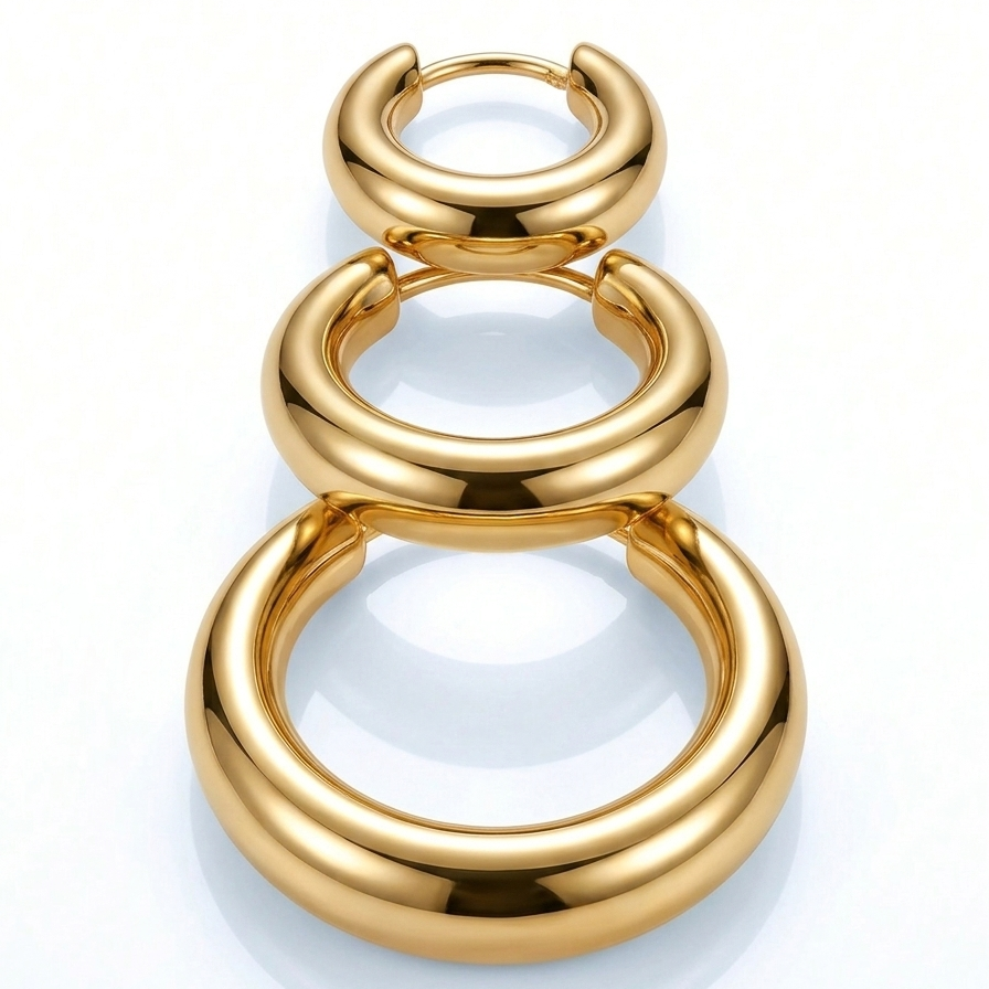 Trio de Argolas circular grossa lisa dourada - aço inox