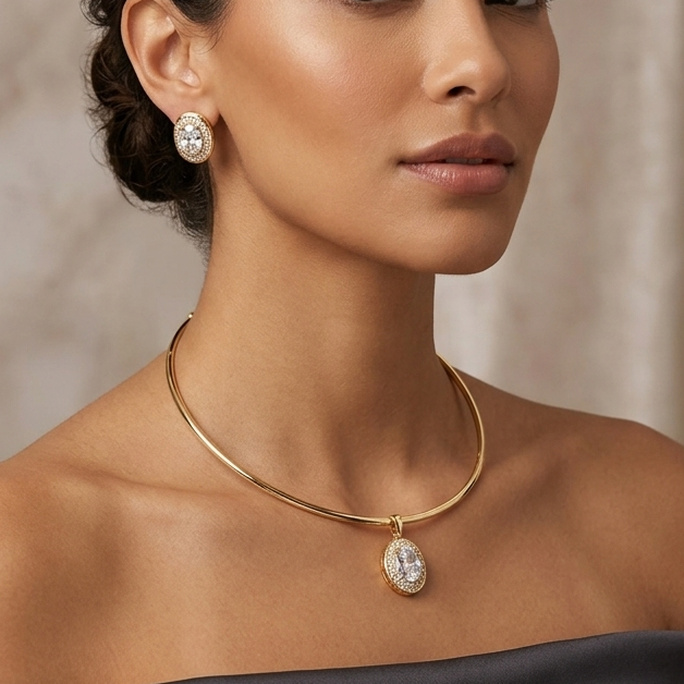 Kit Aro Colar e Brinco Cristal Dourado Folheado 18k