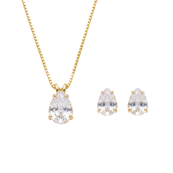 Conjunto Colar e Brincos Gota Cristal Dourado Semijoia