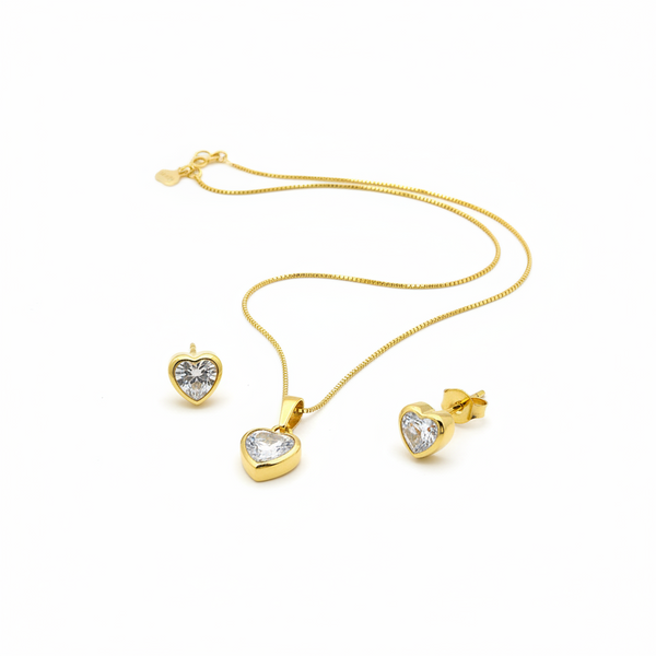 Conjunto Coração Cristal Dourado Folheado Ouro 18k