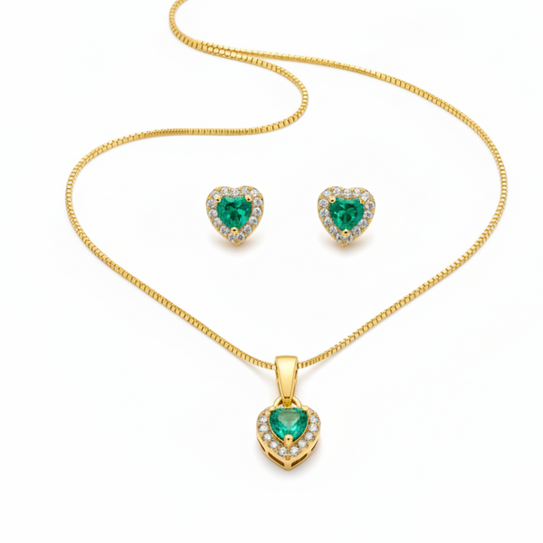 Conjunto colar e brinco Verde Água Gota Cravejado Dourado Semijoia