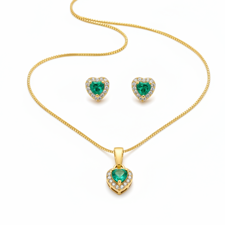 Conjunto colar e brinco Verde Água Gota Cravejado Dourado Semijoia