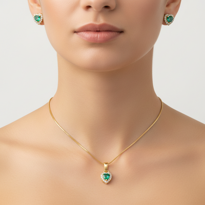 Conjunto colar e brinco Verde Água Gota Cravejado Dourado Semijoia