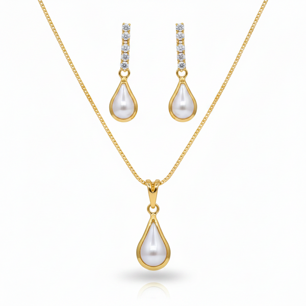 Conjunto colar e brinco gota pérola com zircônias dourado semijoia