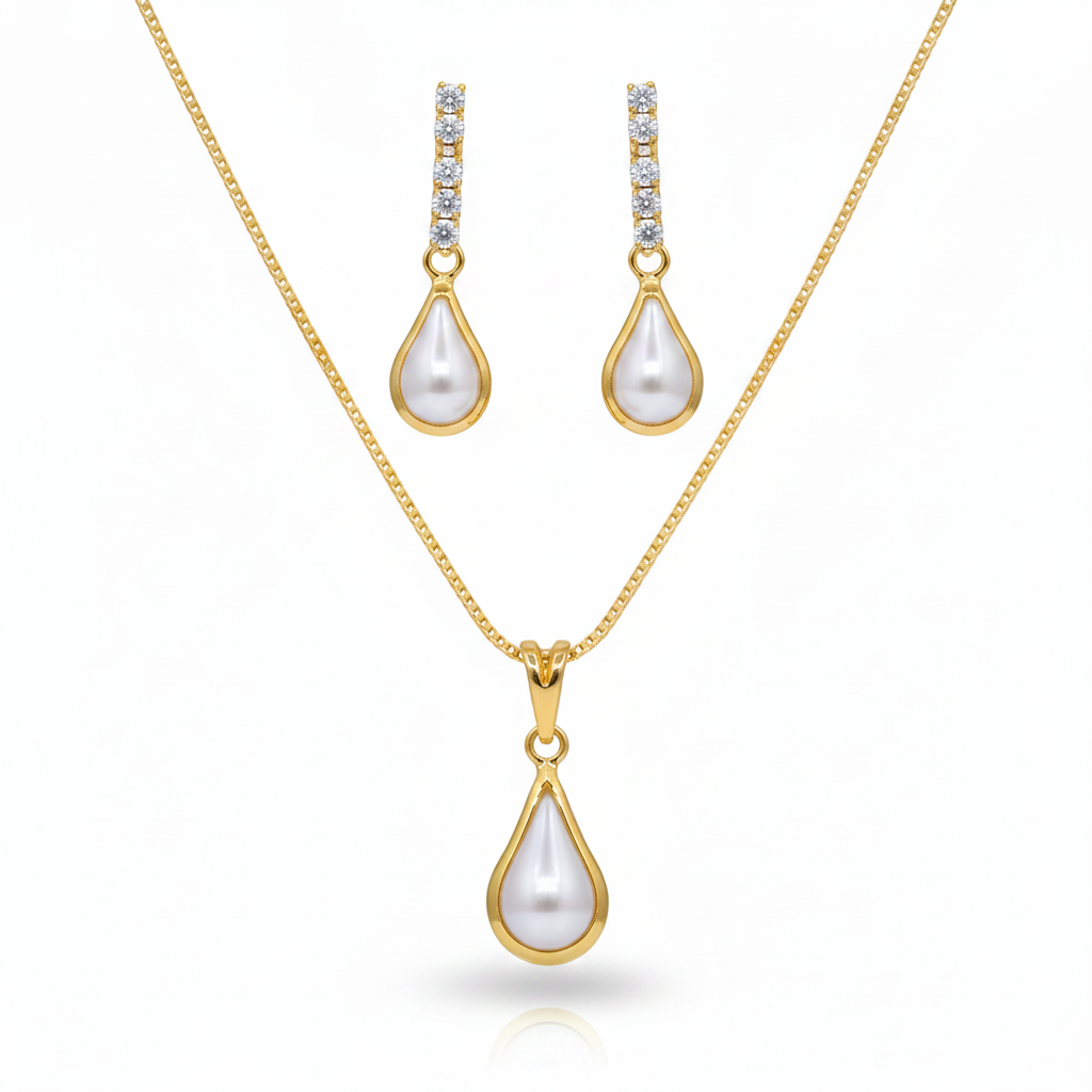 Conjunto colar e brinco gota pérola com zircônias dourado semijoia