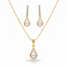 Conjunto colar e brinco gota pérola com zircônias dourado semijoia