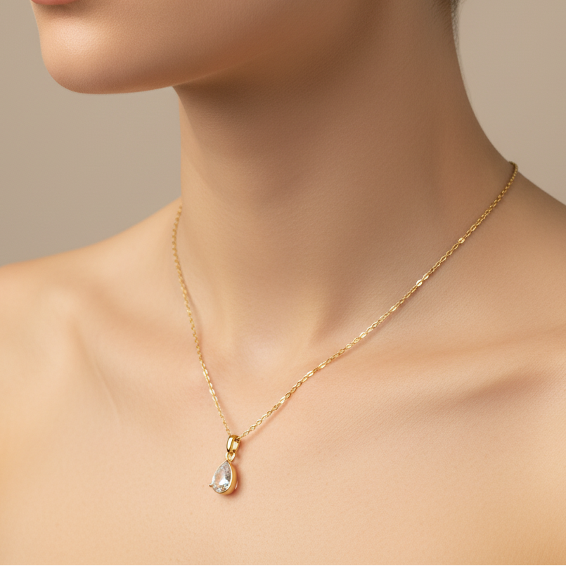 colar com pigente gota cristal dourado aço inoxidavel