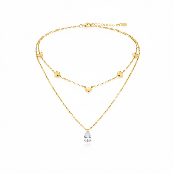 colar duplo com corações e pingente gota cristal dourado aço inoxidável