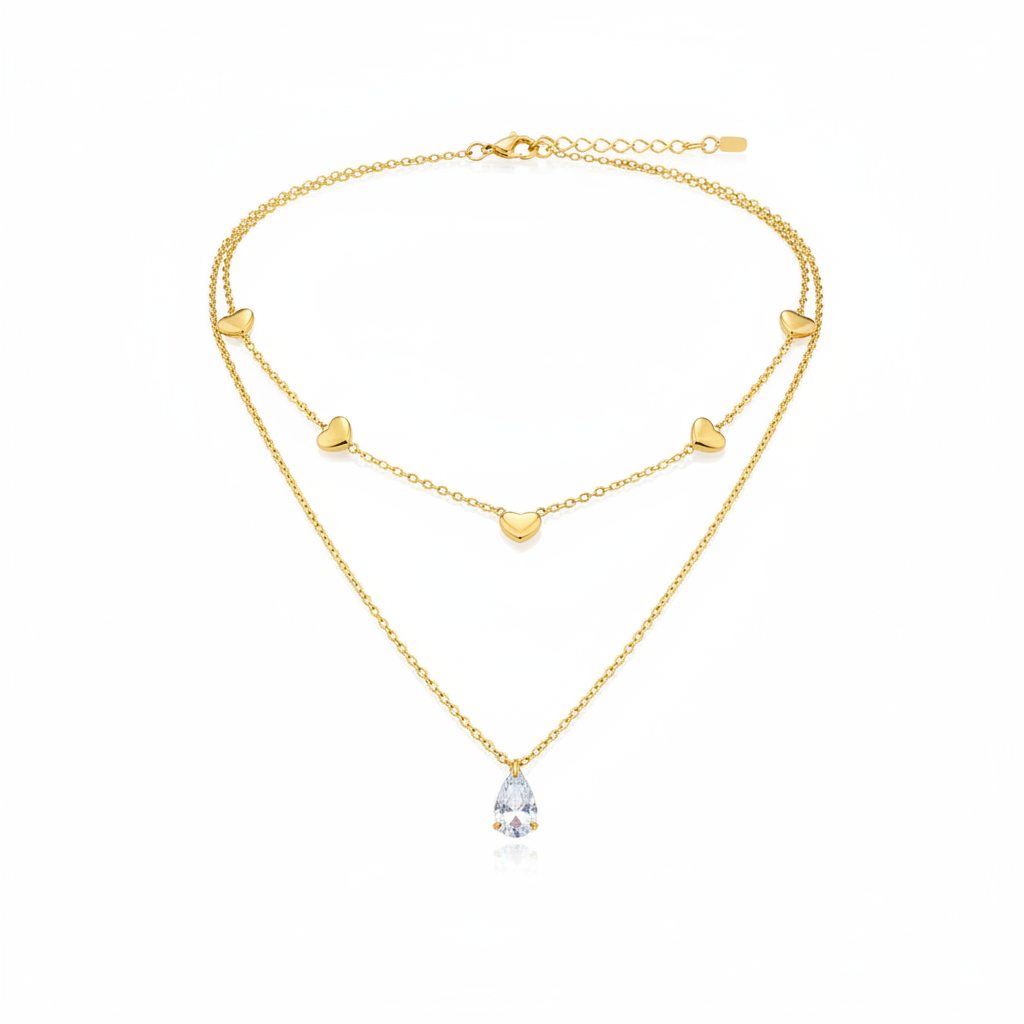 colar duplo com corações e pingente gota cristal dourado aço inoxidável