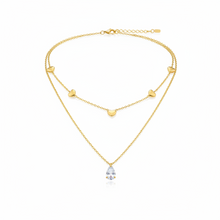 colar duplo com corações e pingente gota cristal dourado aço inoxidável