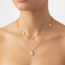colar duplo com corações e pingente gota cristal dourado aço inoxidável