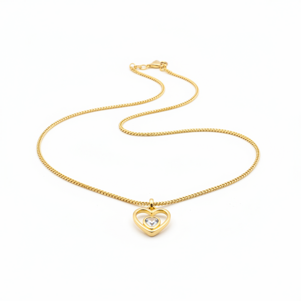 colar com coração vasado e coração cristal dourado semijoia