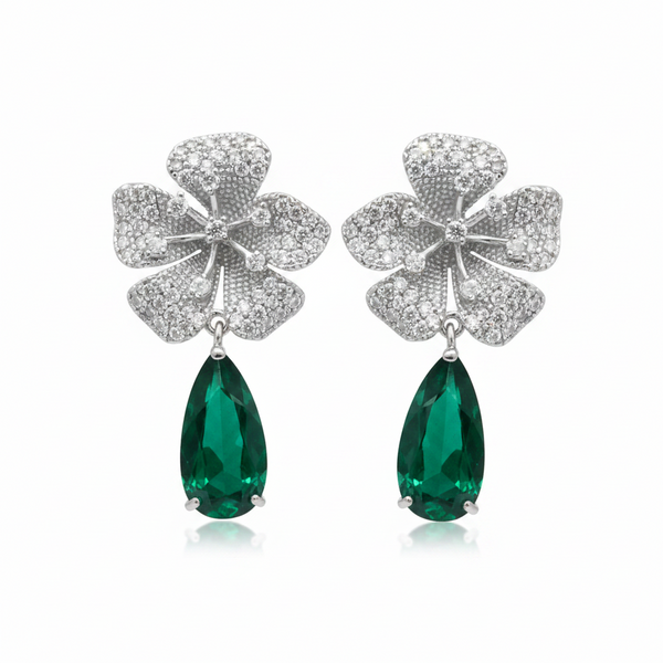 brinco flor cravejada com pingente gota verde cristal folheado a prata