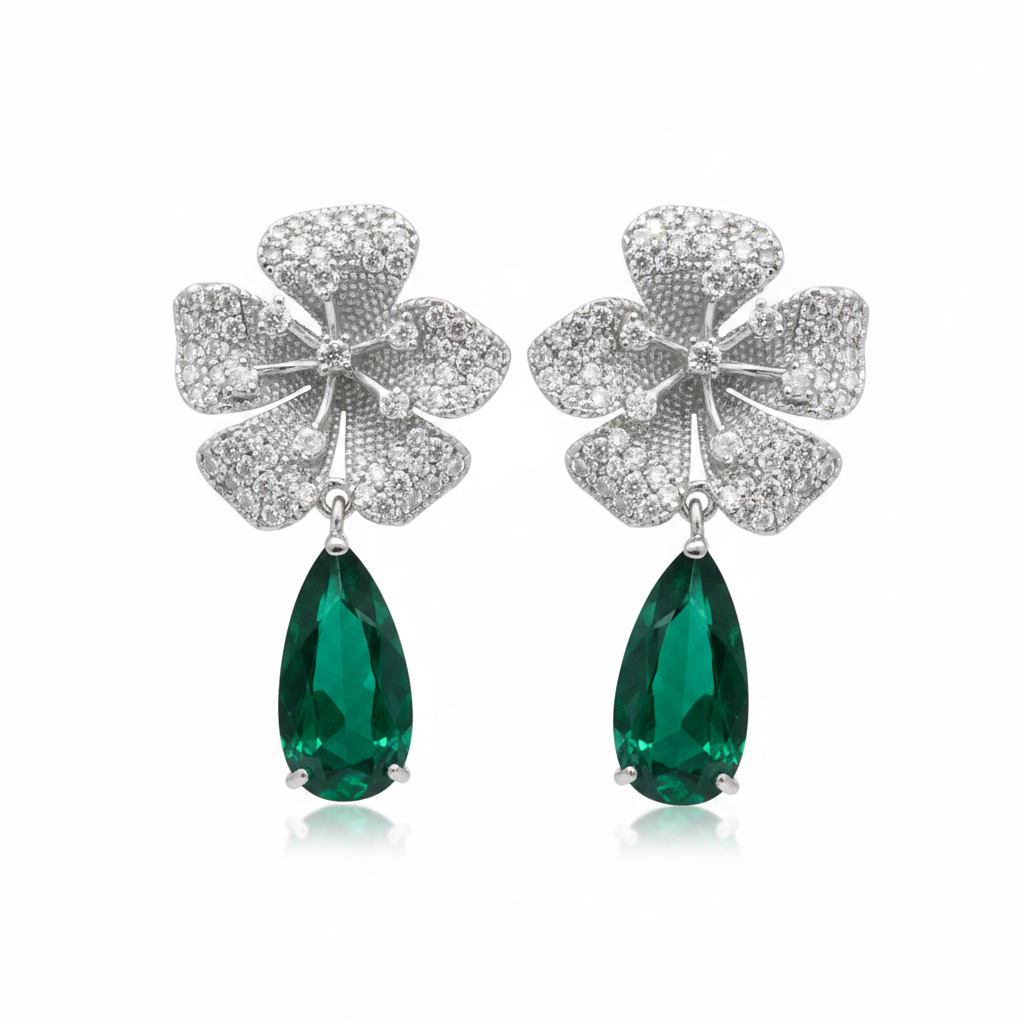 brinco flor cravejada com pingente gota verde cristal folheado a prata