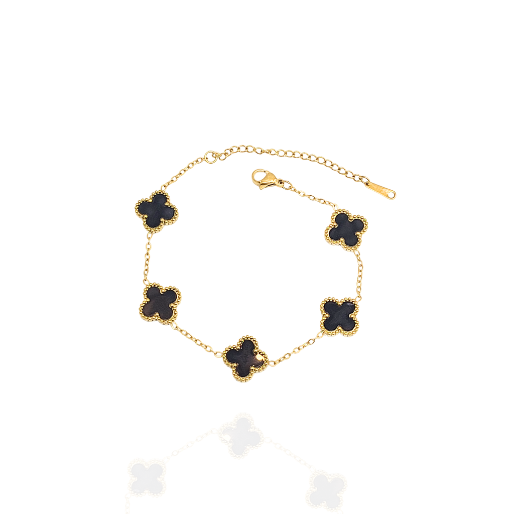 Pulseira Trevo Preto Dourado Aço Inox Antialérgica