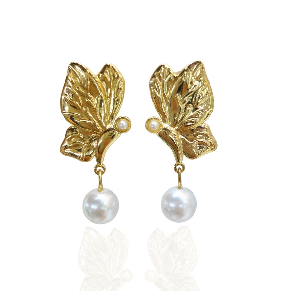 Brinco Borboleta com pérola - Aço inoxidável