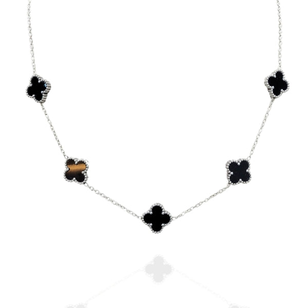 Colar Trevo Preto Prata Aço Inox