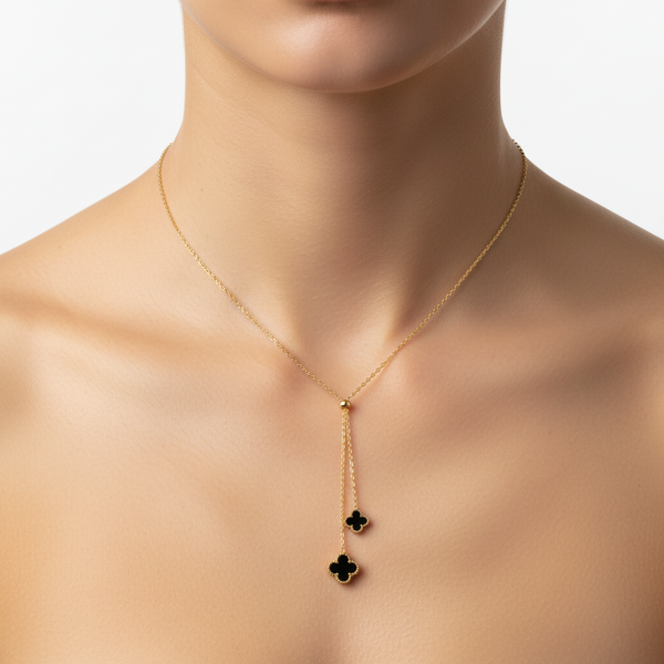 Colar Gravatinha Trevo Preto Dourado Aço Inox