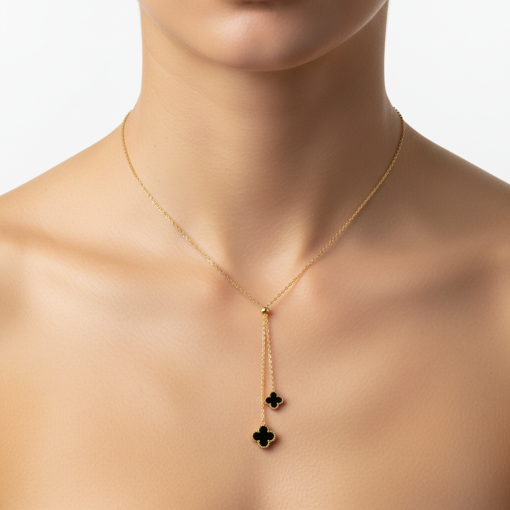 Colar Gravatinha Trevo Preto Dourado Aço Inox