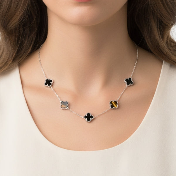 Colar Trevo Preto Prata Aço Inox