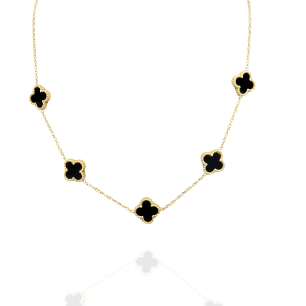 Colar Trevo 5 folhas Preto Dourado Aço Inox