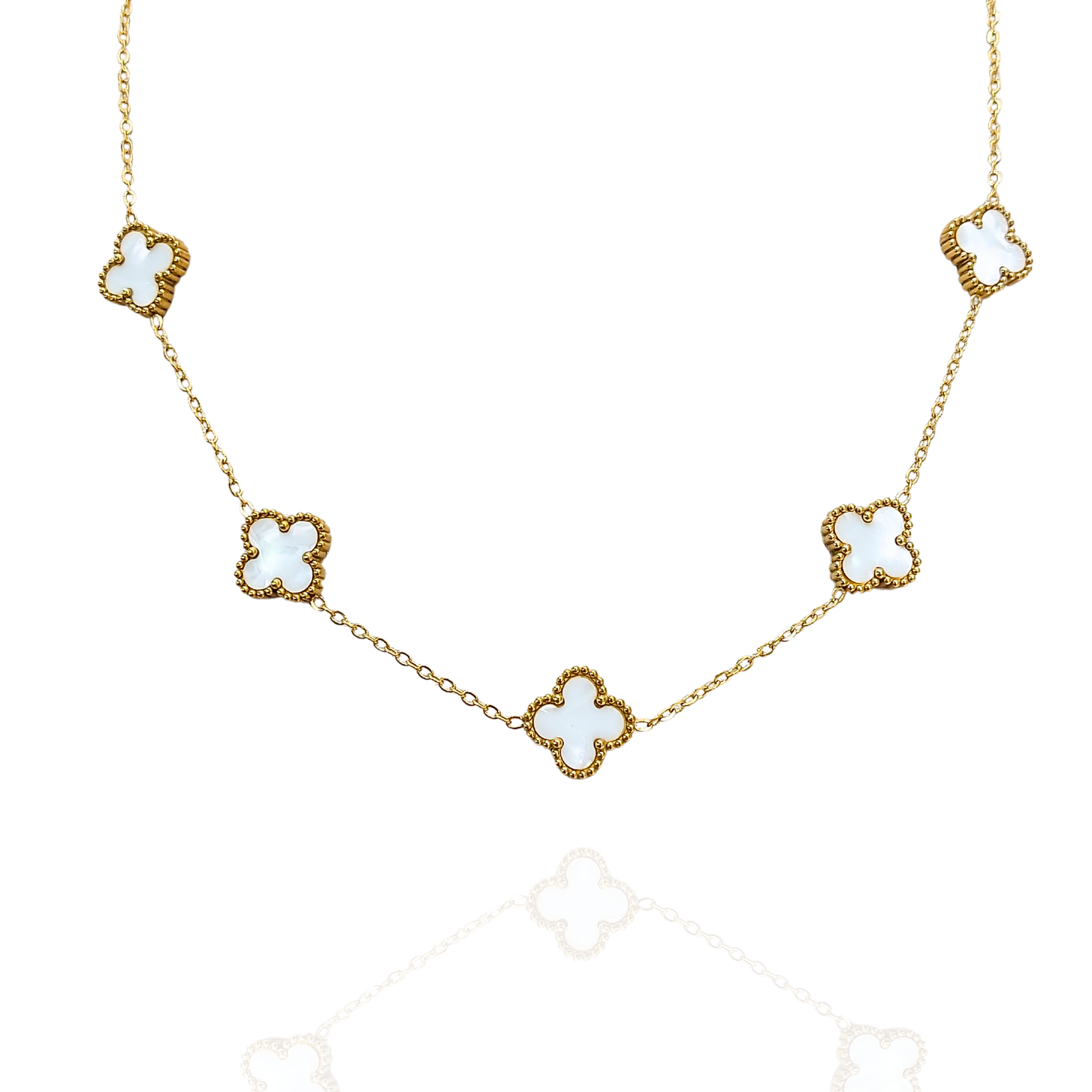 Colar Trevo 5 folhas Branco com Dourado - Aço Inox