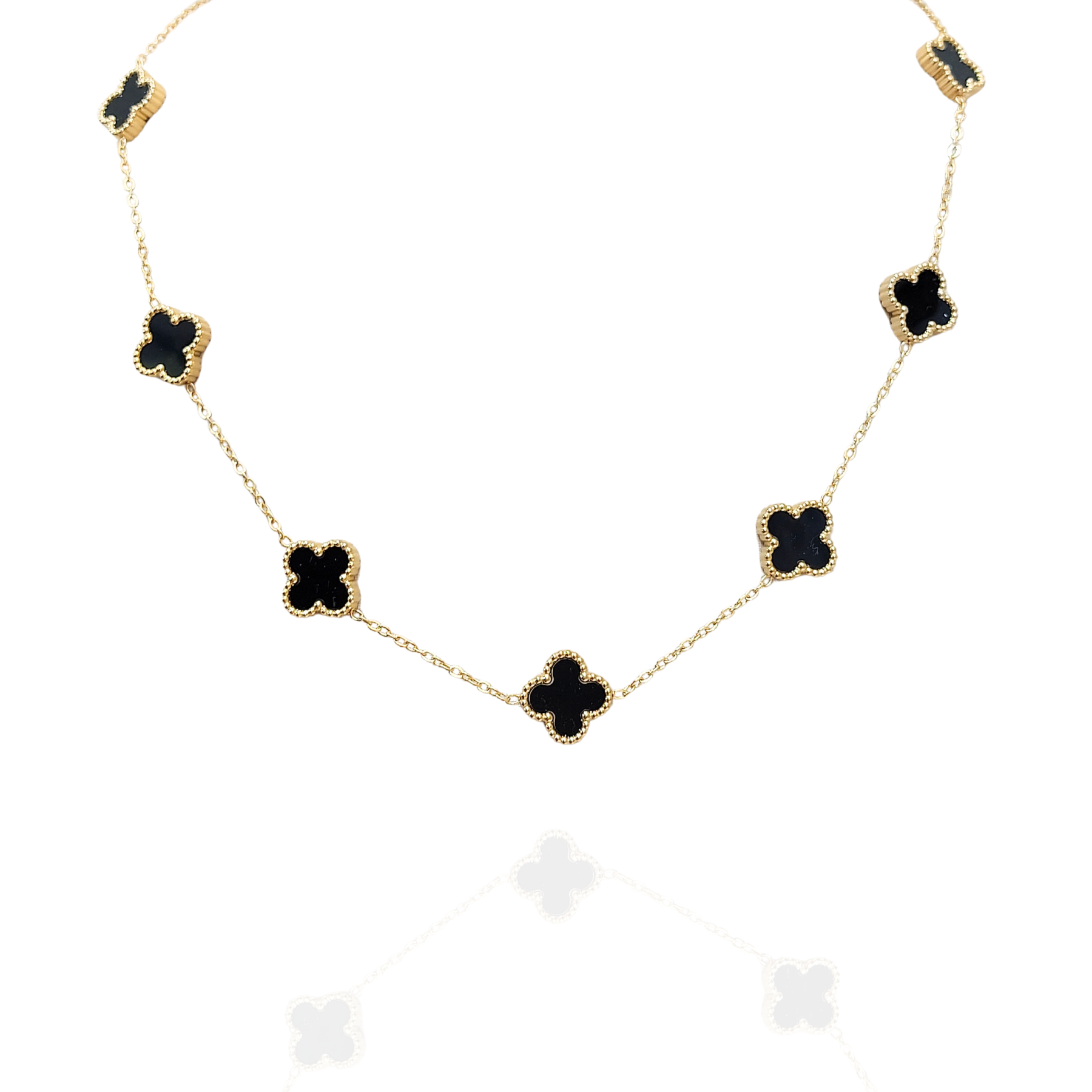 Colar Trevo Preto 7 folhas dourado - Aço Inox