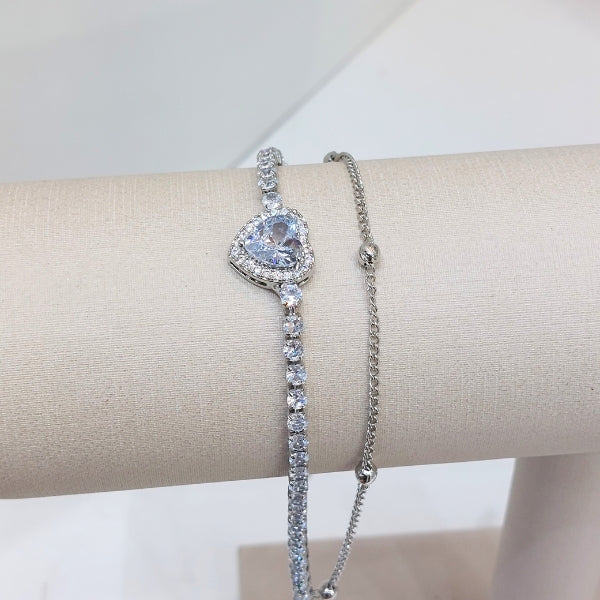 Pulseira de coração cravejado dupla prata - Folheado