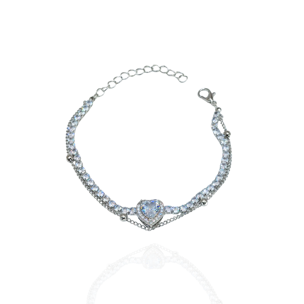 Pulseira de coração cravejado dupla prata - Folheado