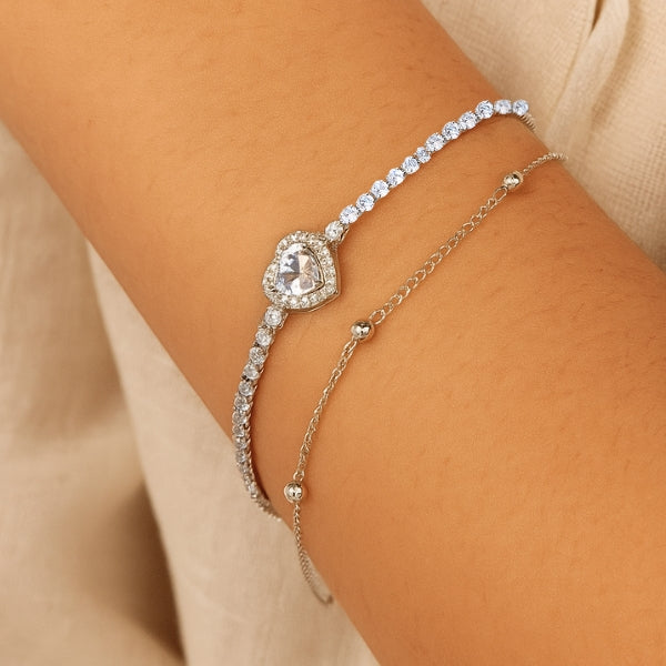 Pulseira de coração cravejado dupla prata - Folheado