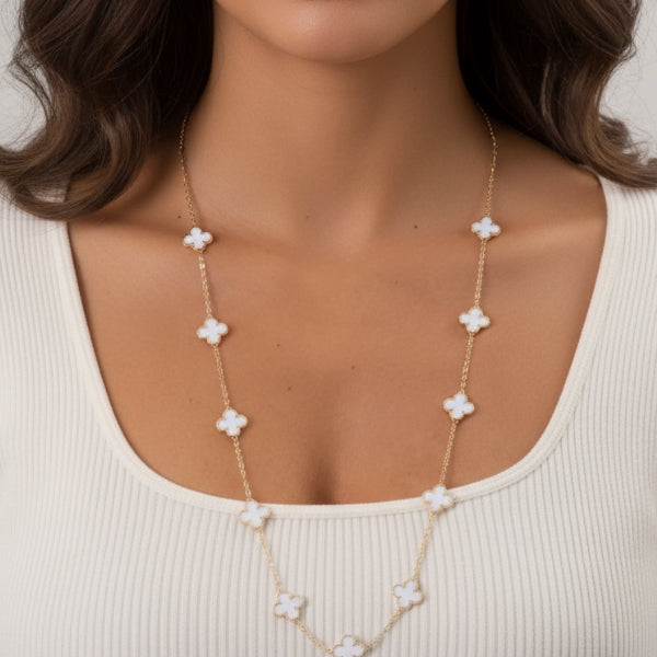 Colar Trevo Longo Dourado Branco Aço Inox