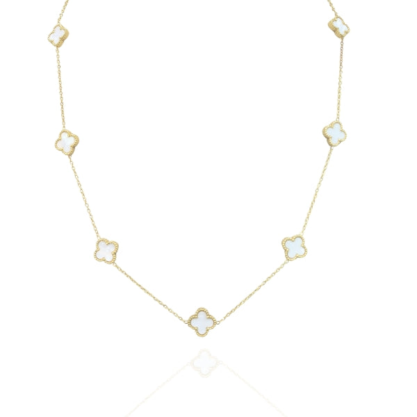 Colar Trevo Longo Dourado Branco Aço Inox