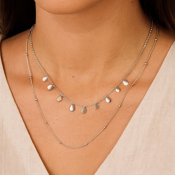 Mix colar duplo gotas e bolinhas prata - aço inoxidável