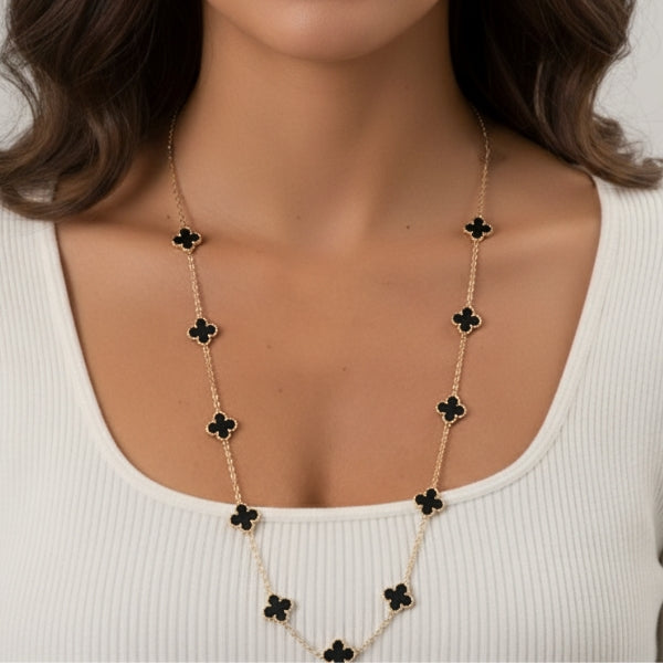 Colar Trevo Longo Dourado Preto Aço Inox