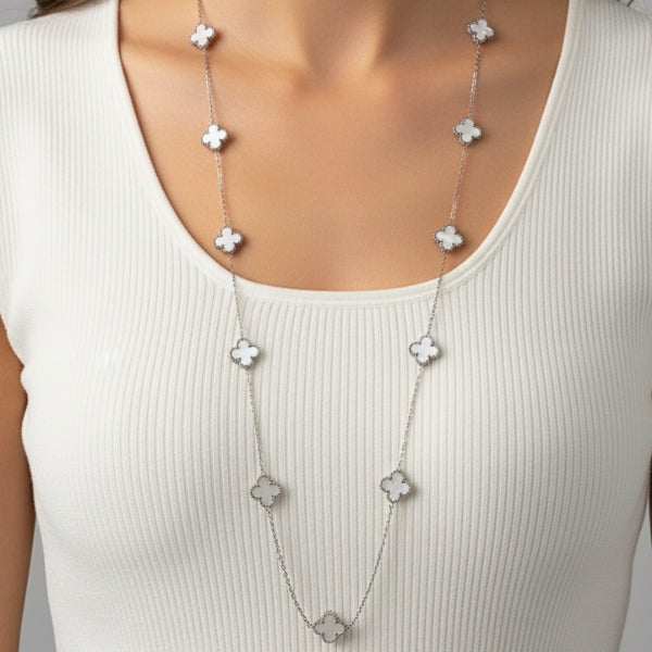 Colar Trevo Longo Prata Branco Aço Inox