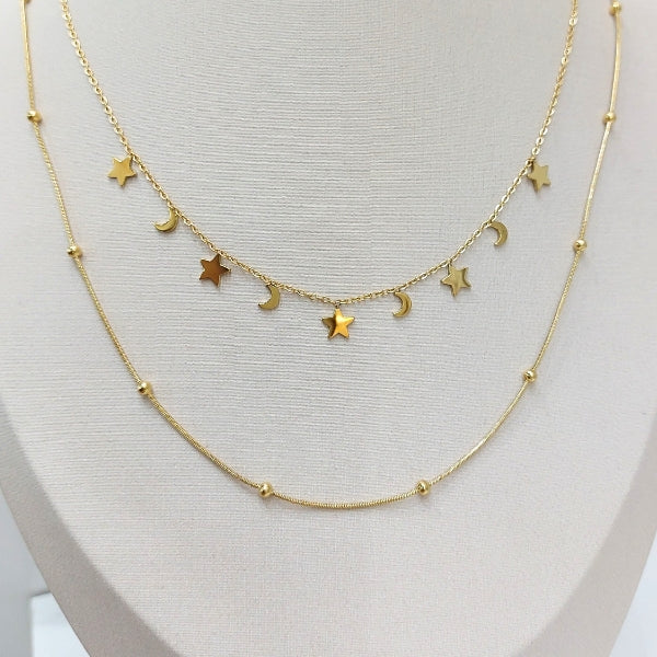 Mix colar duplo estrelas e bolinhas - aço inoxidável