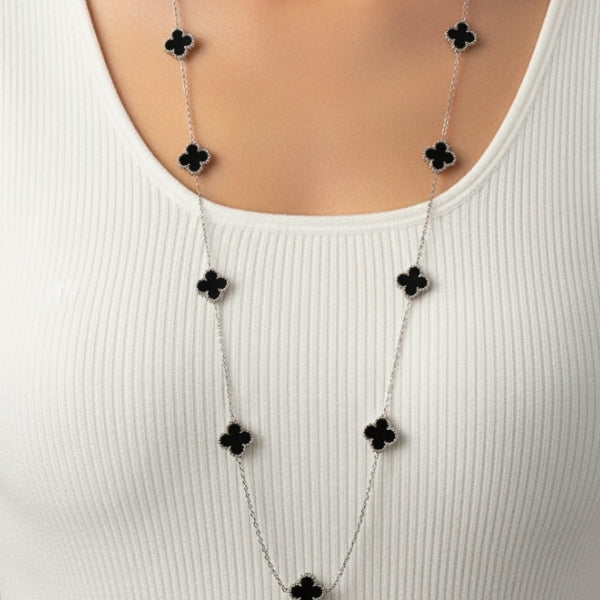 Colar Trevo Longo Prata Preto Aço Inox